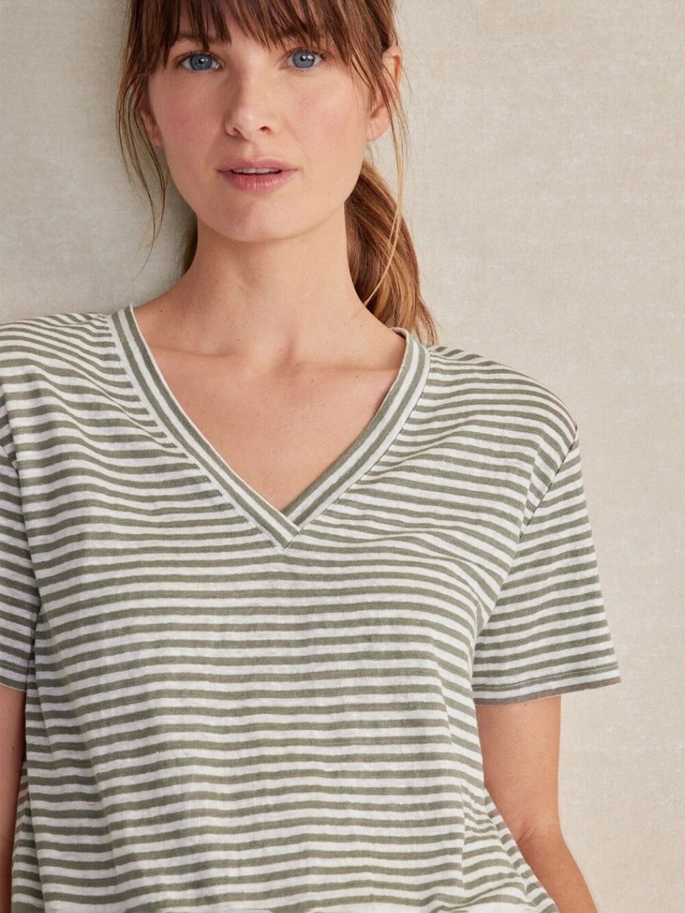 Haven Well Within Talbots Linen Stripe V-Neck Tee L Olive White Bteezy Coastal